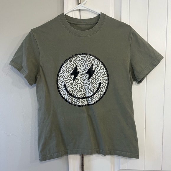 Source Unknown Tops - Women’s Olive Green Smiley Face T-Shirt